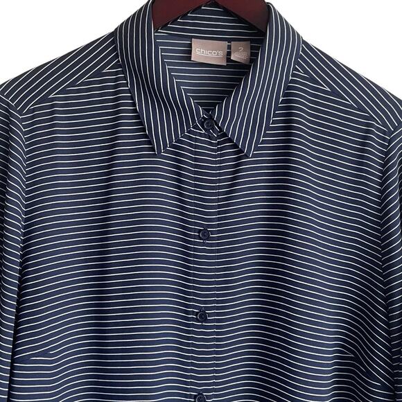 Chicos Women Top L Navy Striped Button Up Casual Workwear Preppy Modern Chic - Picture 11 of 11